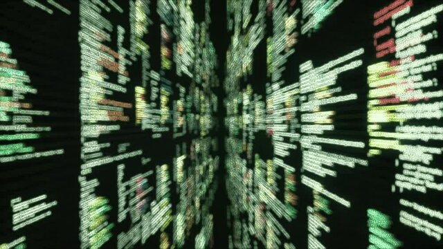 Computer script being typed endlessly on black background with blurred effect. Animation. Programming and creating new lines of hacker code, seamless loop.