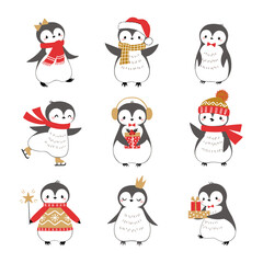 Set of cute funny baby penguins isolated on white background for Christmas design.