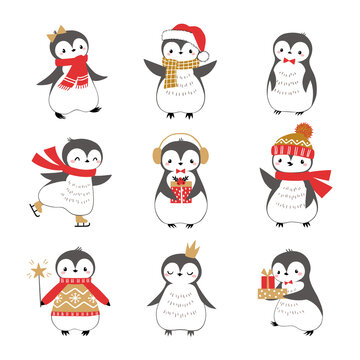 Set of cute funny baby penguins isolated on white background for Christmas design.