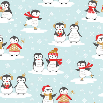 Christmas seamless pattern of cute baby penguins on ice floes with snowflake background elements.