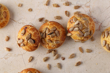 flat lay composition with sunflower seeds cookies and space for text on marble background