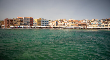 Fototapeta na wymiar A panoramic image of the old harbour area in Chania, Crete.