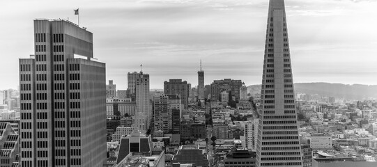 Black and white image of San Francisco skyline from high-rise - Powered by Adobe