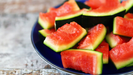 Watermelon peels in a plate. Selective focus. Macro.