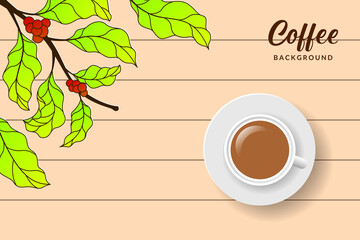 Coffee vector illustration. Coffee cup background design with coffee tree illustration. Paper art
