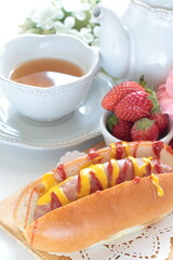 homemade comfort food, ketchup and mustard sauce hot dog