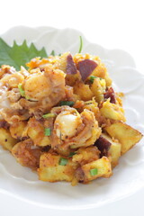 Korean food, braised sweet potato and scallop with copy space