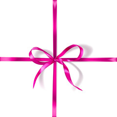 Pink bow made of narrow crosswise ribbon with shadow on white background. Criss-cross arrangement