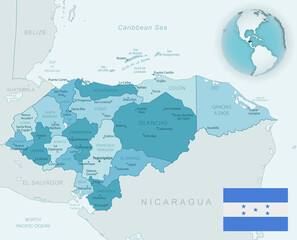 Blue-green detailed map of Honduras administrative divisions with country flag and location on the globe.