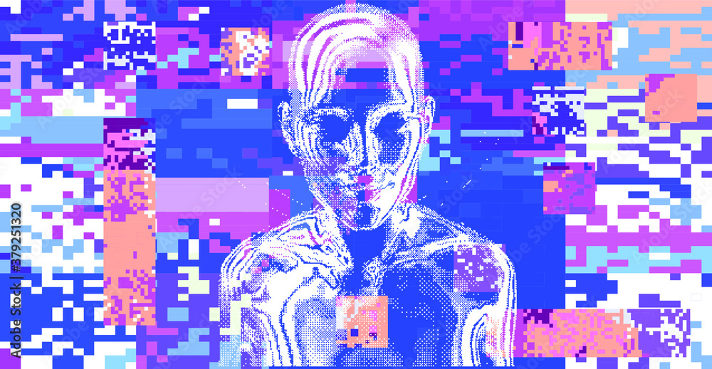 Poster glitched screen with human silhouette hidden in pixels. conceptual illustration for artificial intel
