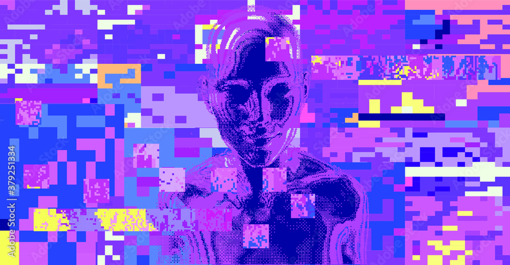 Poster glitched screen with human silhouette hidden in pixels. conceptual illustration for artificial intel