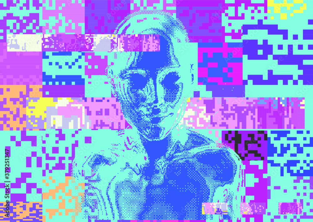 Poster Glitched screen with human silhouette hidden in pixels. Conceptual illustration for Artificial intelligence, Cyber Security and Informational technologies.