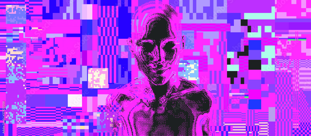 Poster glitched screen with human silhouette hidden in pixels. conceptual illustration for artificial intel