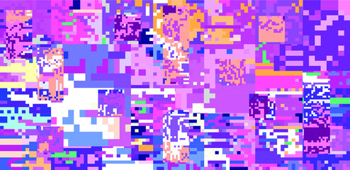 Glitch datamoshing camera effect. Retro VHS pink background like in old video tape rewind or no signal TV screen. Vaporwave and retrowave style vector illustration.