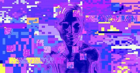Glitched screen with human silhouette hidden in pixels. Conceptual illustration for Artificial intelligence, Cyber Security and Informational technologies.