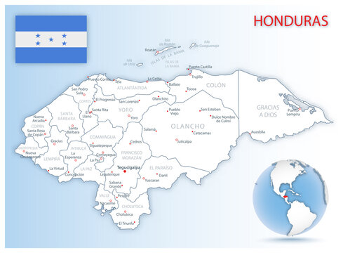 Detailed Honduras administrative map with country flag and location on a blue globe.