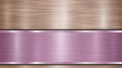Background consisting of a bronze shiny metallic surface and one horizontal polished purple plate located below, with a metal texture, glares and burnished edges
