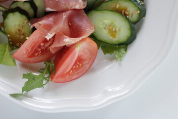 homemade tomato and cucumber with ham salad