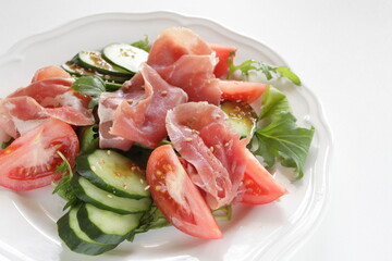 homemade tomato and cucumber with ham salad