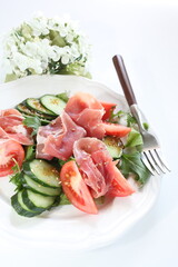 homemade tomato and cucumber with ham salad