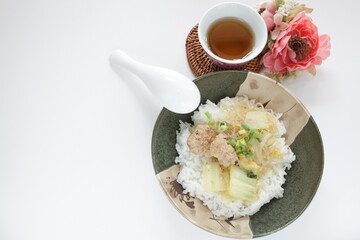 Chinese food, cabbage and meat ball braised on rice