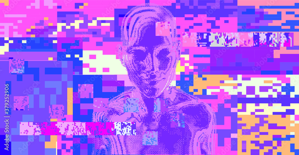 Poster glitched screen with human silhouette hidden in pixels. conceptual illustration for artificial intel