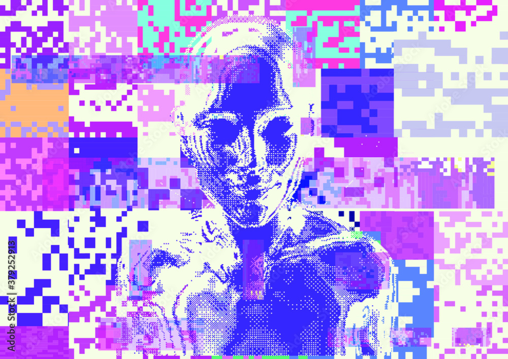 Poster glitched screen with human silhouette hidden in pixels. conceptual illustration for artificial intel