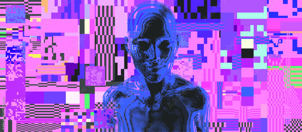 Poster glitched screen with human silhouette hidden in pixels. conceptual illustration for artificial intel