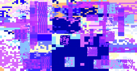 Glitch datamoshing camera effect. Retro VHS pink background like in old video tape rewind or no signal TV screen. Vaporwave and retrowave style vector illustration.