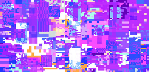 Glitch datamoshing camera effect. Retro VHS pink background like in old video tape rewind or no signal TV screen. Vaporwave and retrowave style vector illustration.