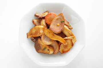 Chinese food, sausage and Eringi mushroom stir fried with carrot