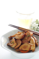 Chinese food, sausage and Eringi mushroom stir fried with carrot