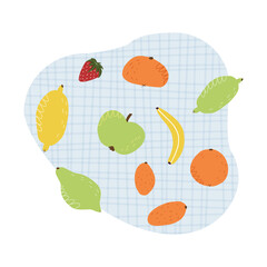 Various fruits on a tartan tablecloth set.Hand-drawn lemon, lime, tangerine, kumquat, orange, apple, banana, strawberry.
