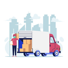 Delivery man with medical protective mask on his face holding boxes and clipboard. Flat design vector illustration