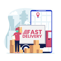 Delivery man with medical mask on his face holding package and clipboard with fast delivery truck. Flat design vector illustration