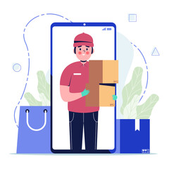 A courier with a package in his hands is shown on the screen of a mobile phone concept. Flat design vector illustration