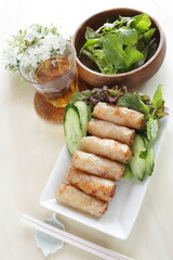 Vietnamese food, deep fried spring roll served with cucumber and salad