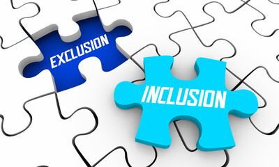 Fototapeta premium Exclusion Vs Inclusion Puzzle Pieces Solution Involve Participate Join 3d Illustration