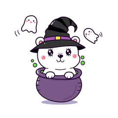 Cute polar bear cartoon in a witch pot. Hand drawn cartoon with ghosts for Halloween day. 