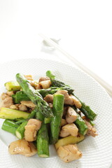 chinese food, green asparagus and chicken stir fried