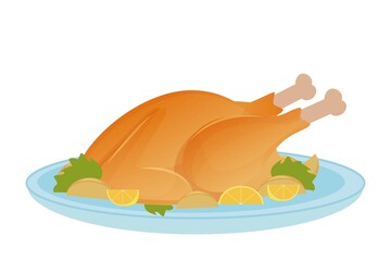 illustration of roasted turkey or grilled chicken isolated on background. Traditional food for Christmas or Thanksgiving day