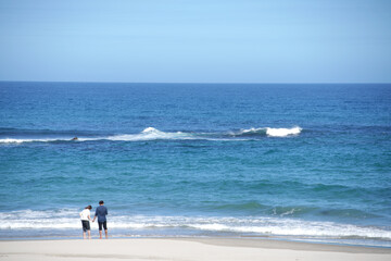 8月末、夏を惜しみ海を見つめるカップルの後ろ姿
