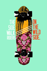 Vector illustration of skateboard with floral print with skulls.