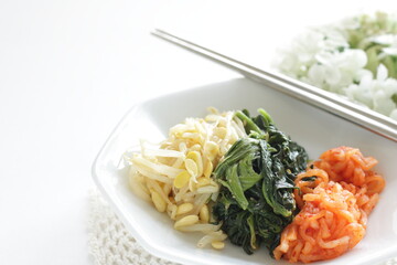 Korean food, homemade Namul seasoning radish and spinach with soy sprout