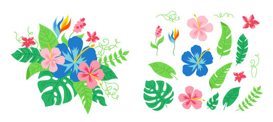 Hawaiian tropical bouquet flowers. Exotic cartoon card jungle. Floral flat composition for invitation or holiday. Monstera and wild flowers collection. Vector illustration © neliakott