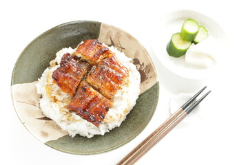 Japanese food, grilled uragi eel fish on green tea rice