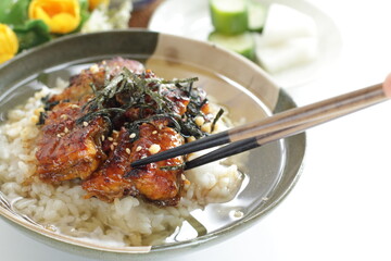 Japanese food, grilled uragi eel fish on green tea rice