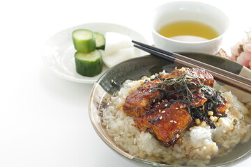 Japanese food, grilled uragi eel fish on green tea rice