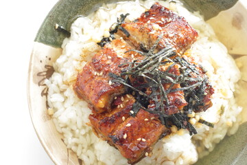 Japanese food, grilled uragi eel fish on green tea rice