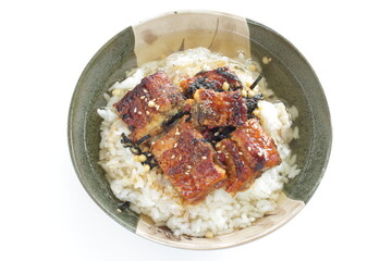 Japanese food, grilled uragi eel fish on green tea rice